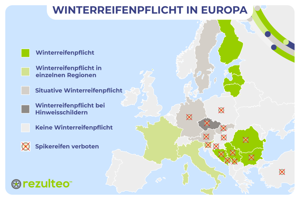 Karte der Winterreifengesetzgebung in Europa